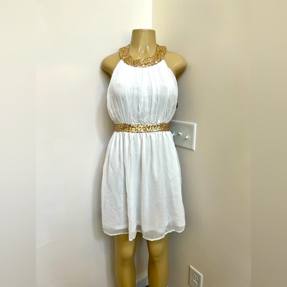 Red Clover ivory with gold sequins open back dress